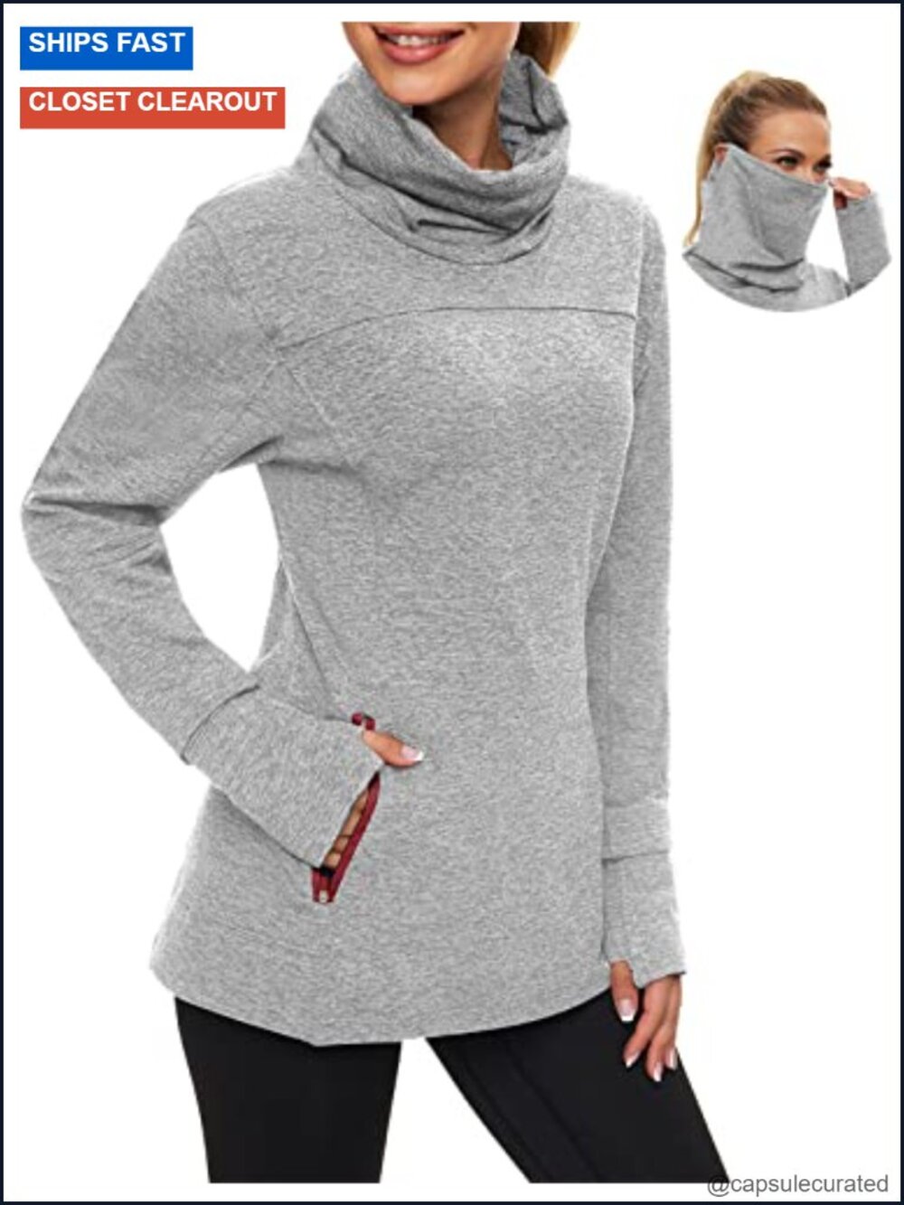 Fleece Cowl Neck Pullover with Thumb Holes and Face Mask
